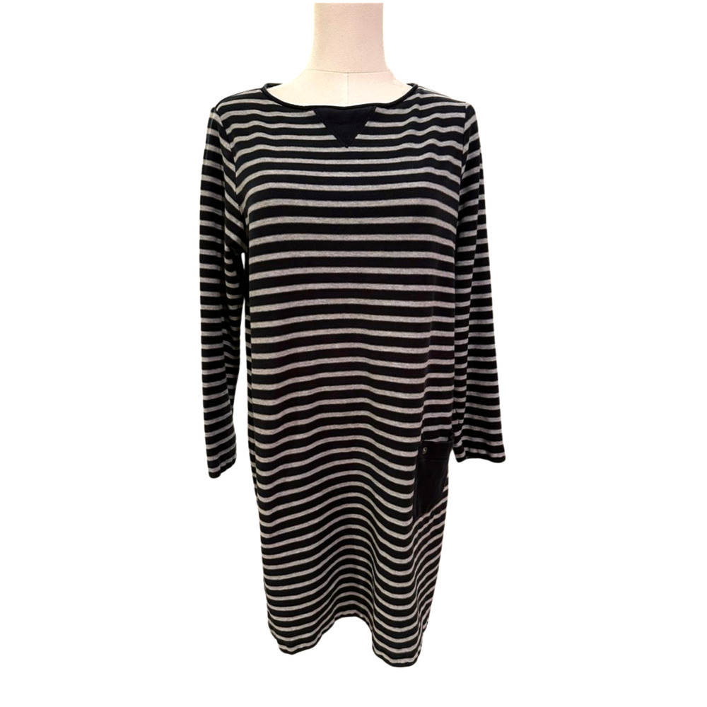 J Jill Cotton Tunic Knit Dress Black Gray Striped Medium Coastal